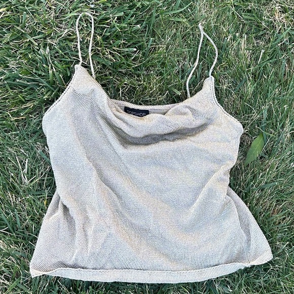 ASOS Topshop Shrung Hang Neck Cowl Tank Crop Metallic Sparkly Formal Y2K Top - Picture 1 of 7